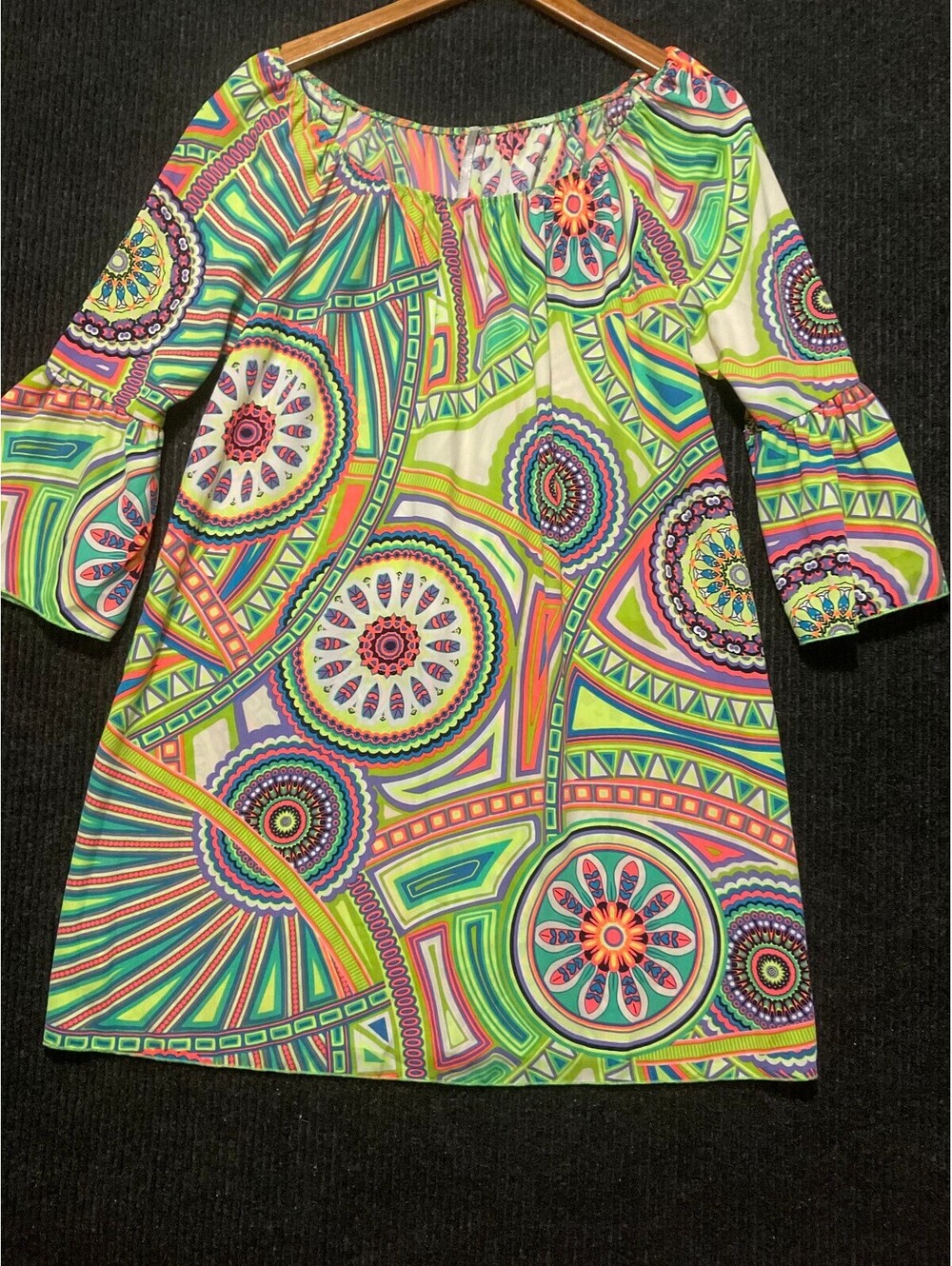 Red Lolly Tunic Dress with Mandala Geometric Print and Ruffle Sleeves, Size L